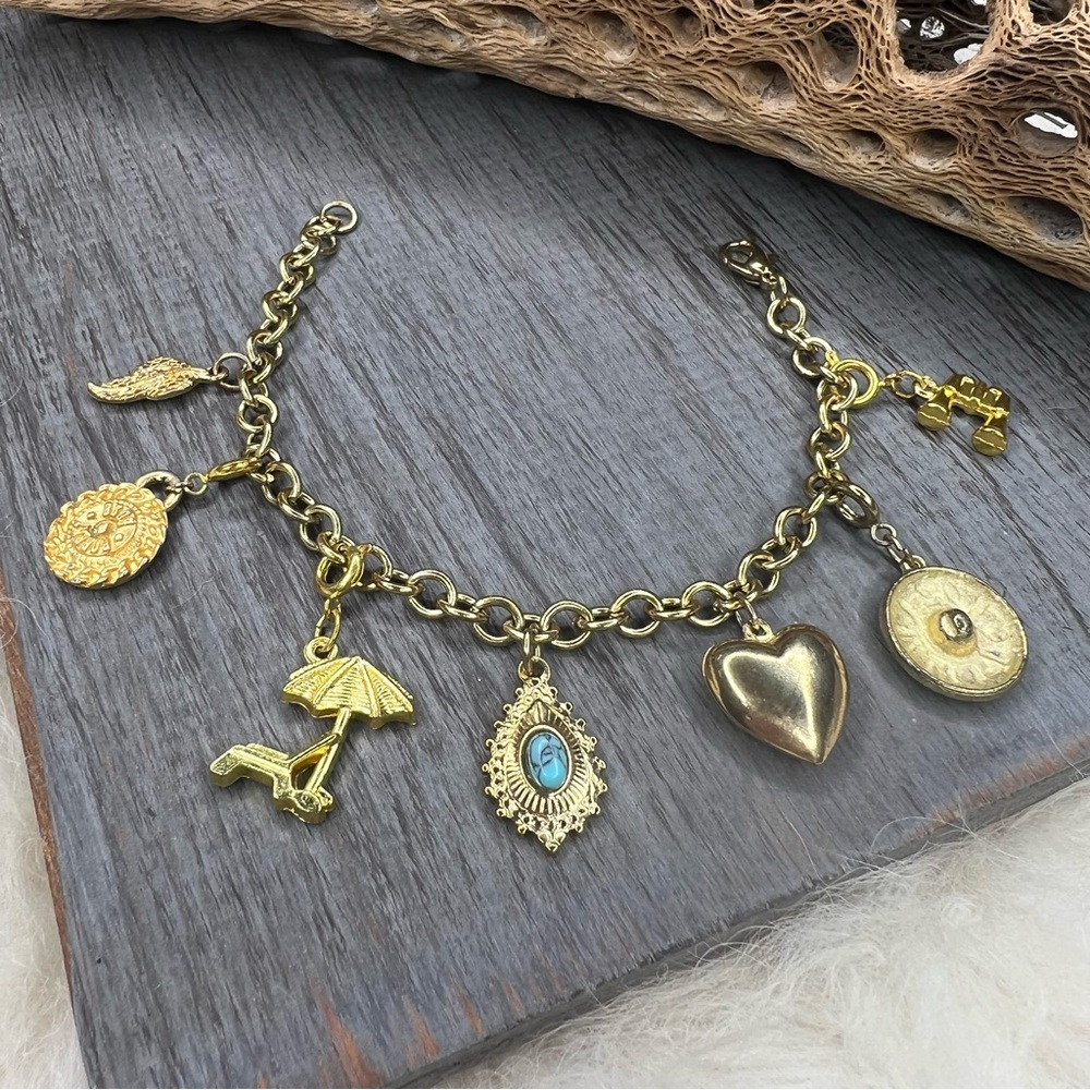 Handmade Gold Tone Charm Bracelet with Heart and Turquoise Accents